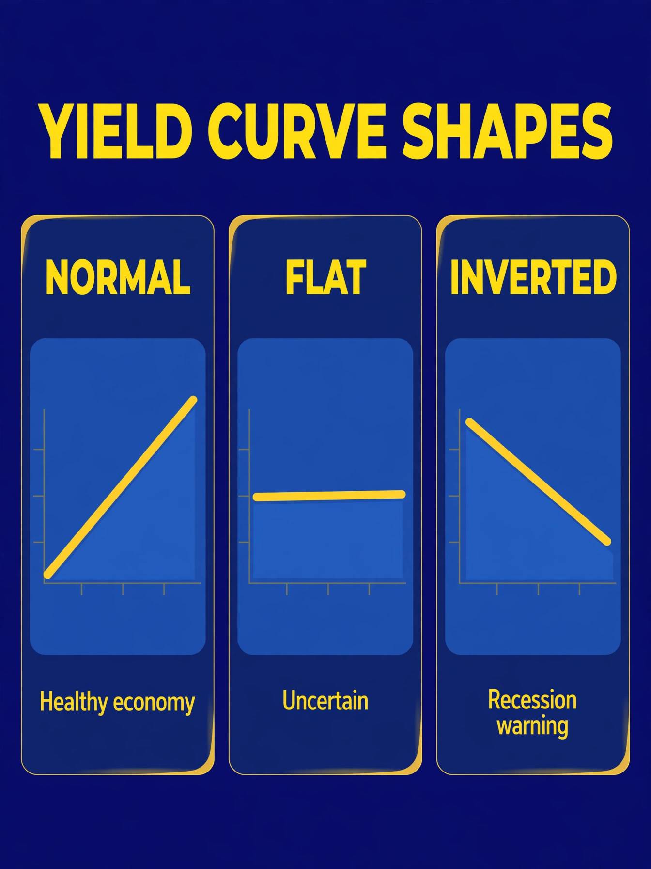 The three yield curve shapes side by side — normal rising, flat, and inverted — each labeled with what it signals