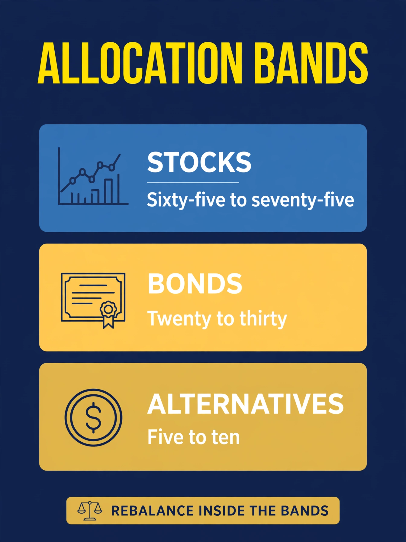 A target allocation with guardrail bands: stocks 65 to 75, bonds 20 to 30, alternatives 5 to 10 — rebalance when you drift outside