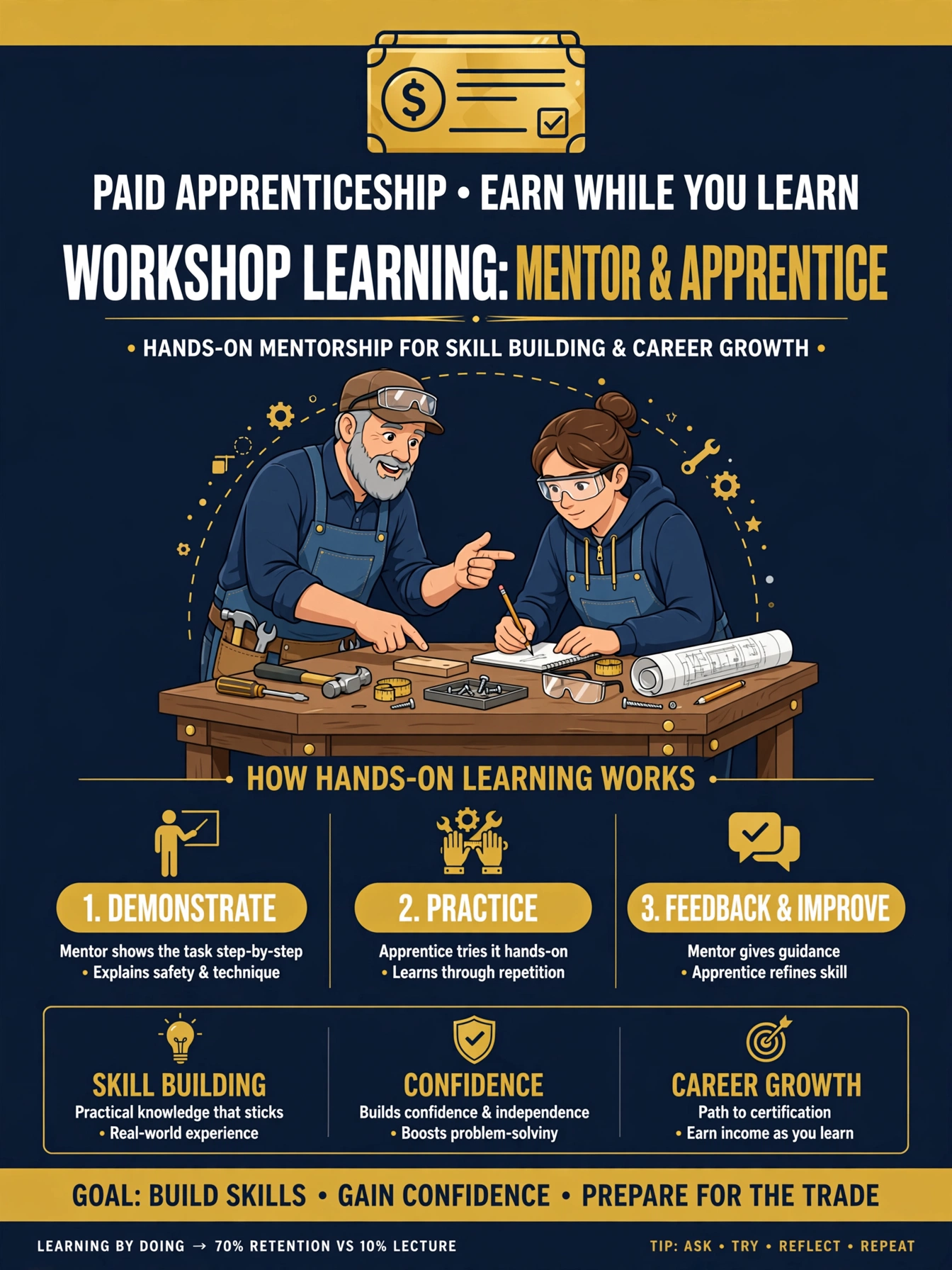 An apprentice learning hands-on beside an experienced mentor while earning a paycheck