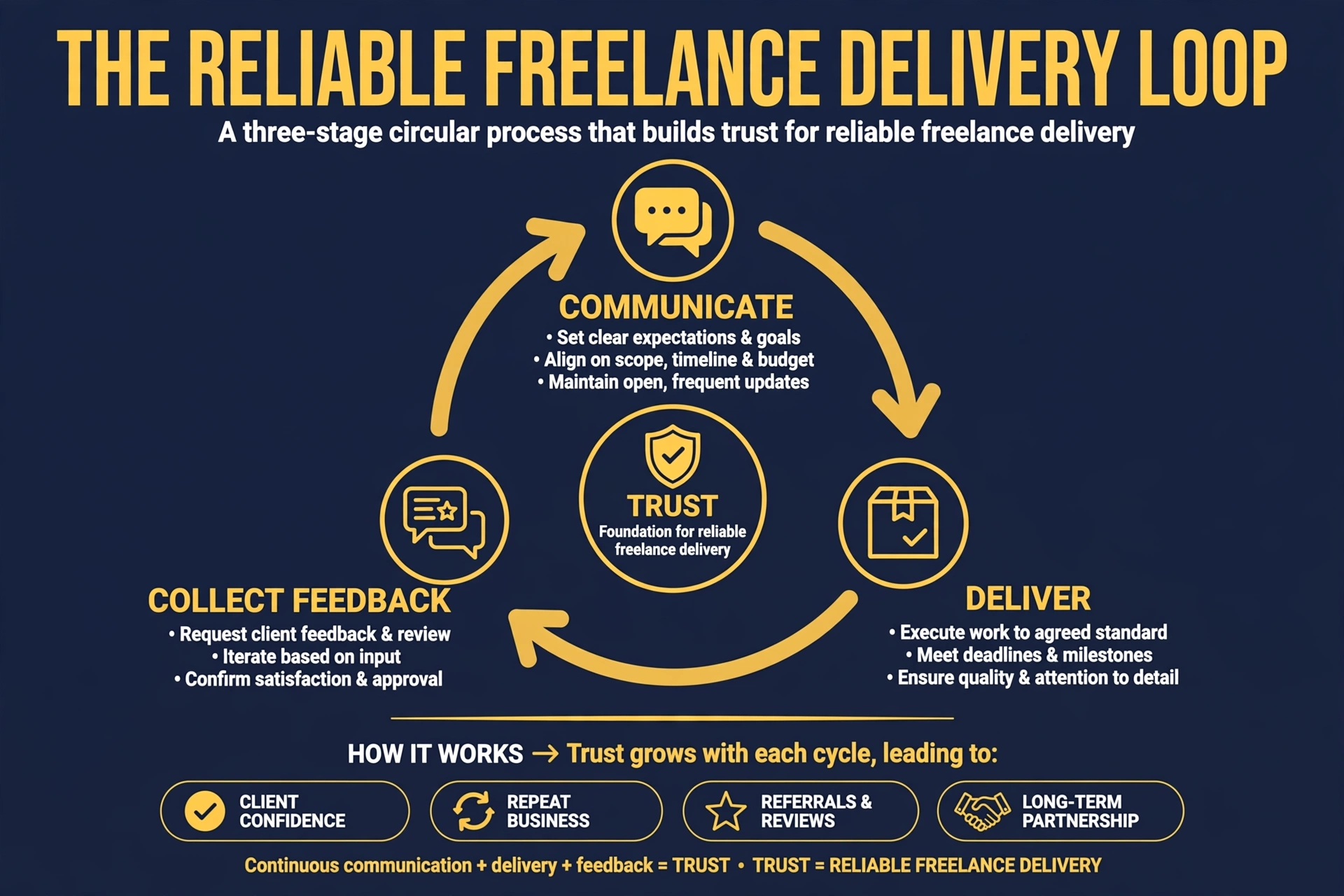 The delivery loop: communicate, deliver on time, collect feedback and testimonials