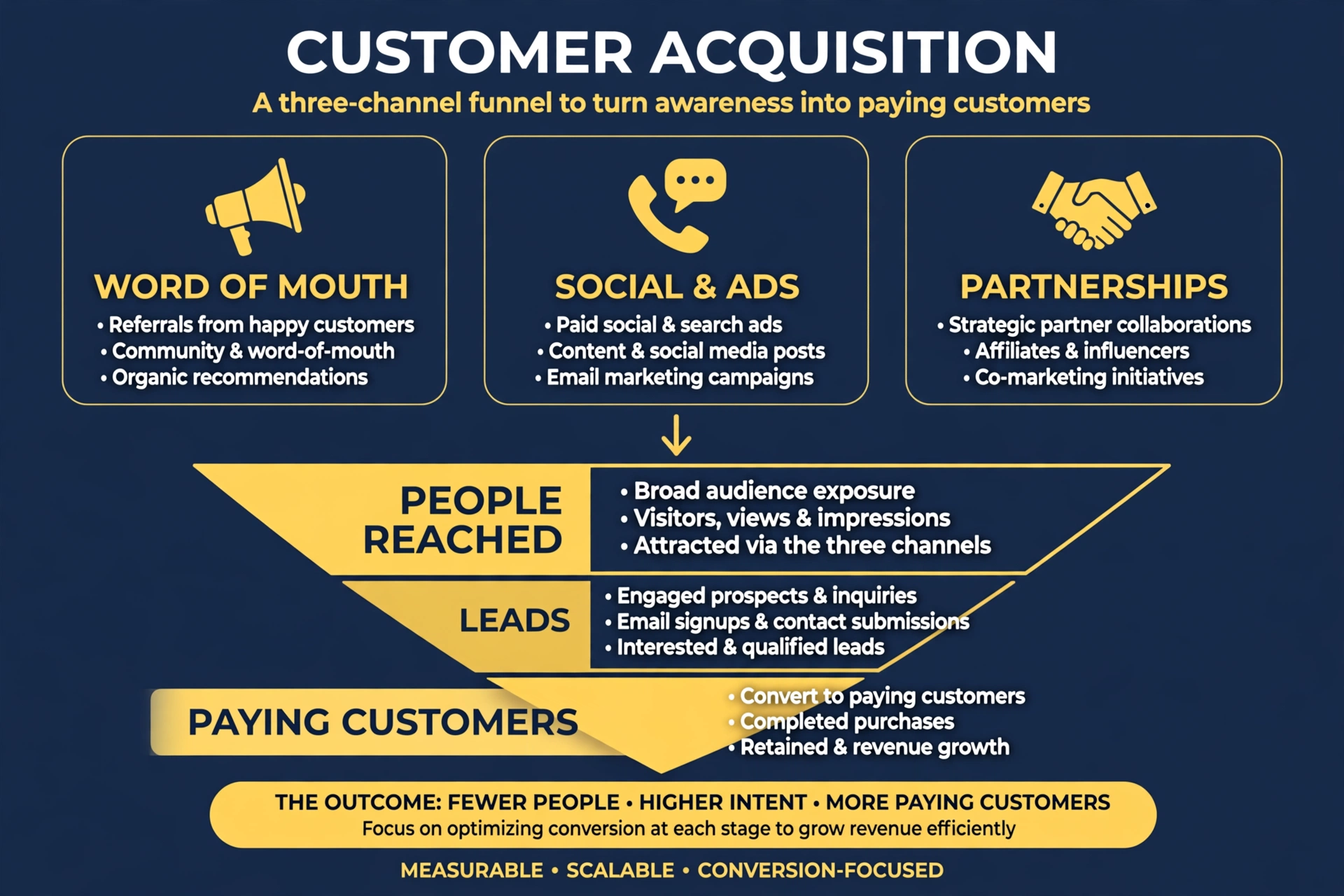Customer acquisition channels feeding into a funnel: many people reached, fewer become leads, fewer still become paying customers
