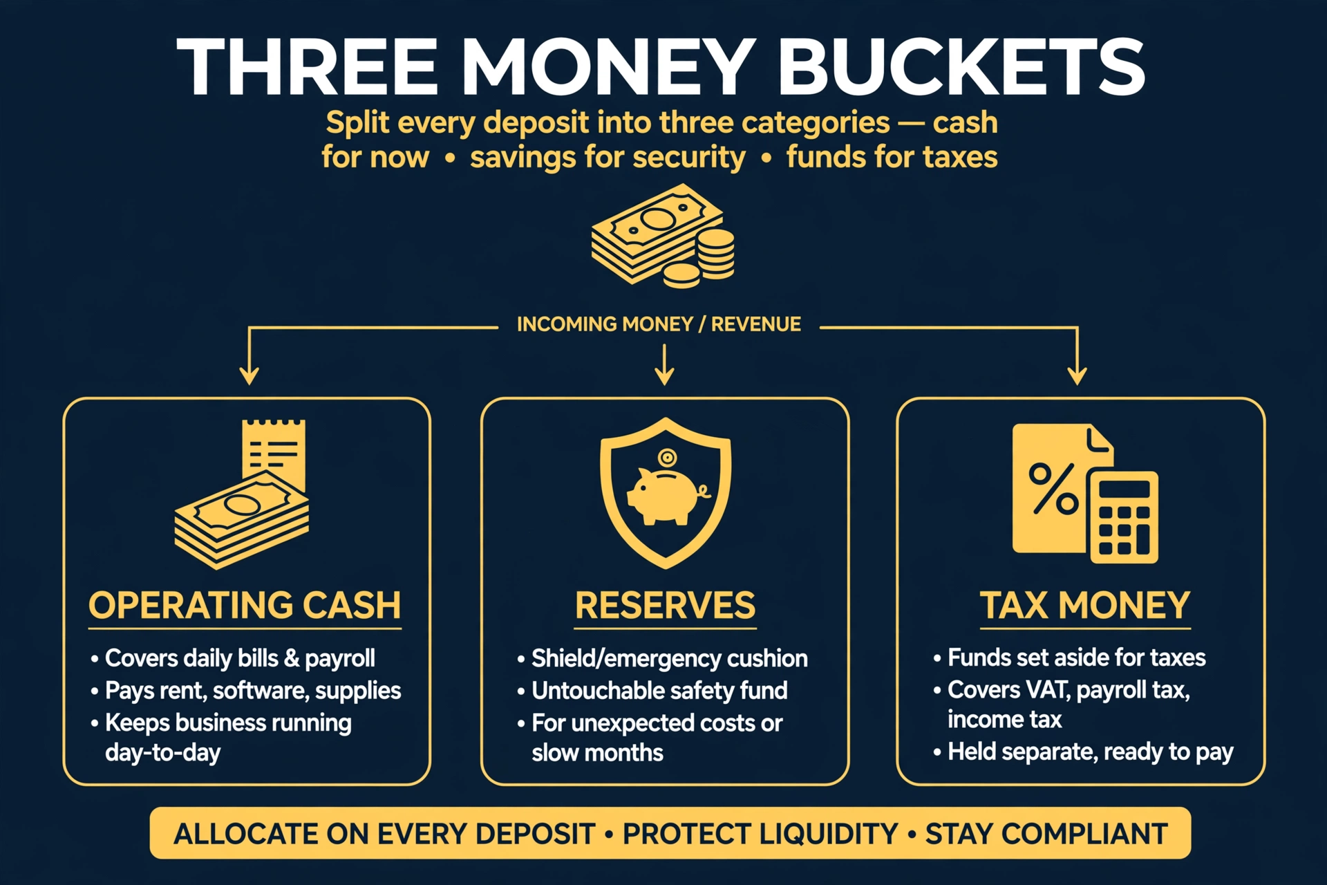 The three money buckets: operating cash for daily bills, reserves for emergencies, and tax money set aside before spending