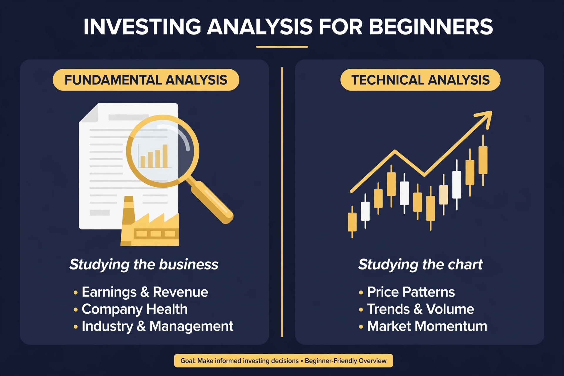Two lenses for investing: fundamental analysis studies the business through earnings and reports, while technical analysis studies the price chart through trends and patterns