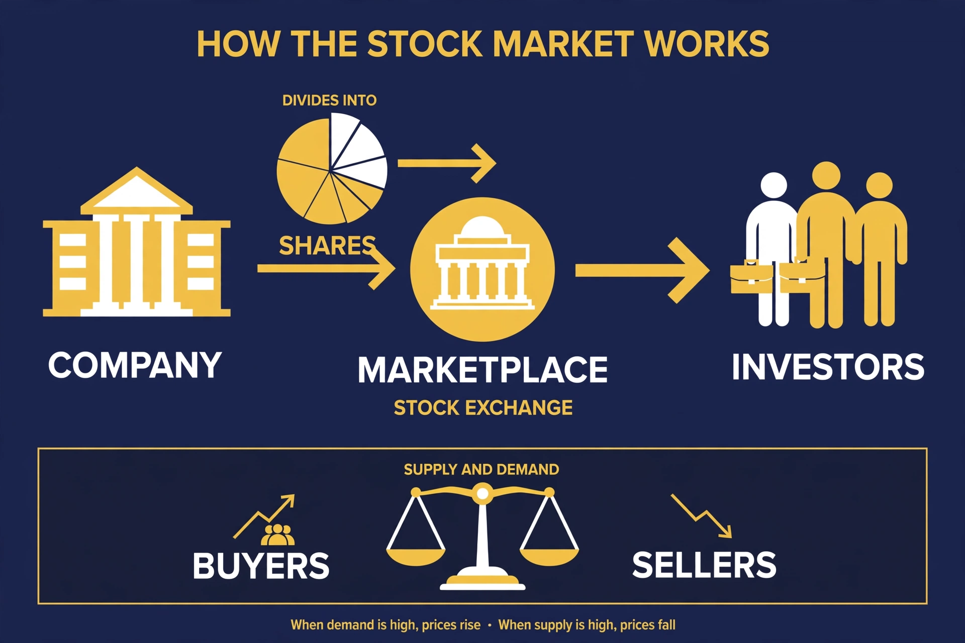 How the stock market works: companies sell ownership slices called shares, and buyers and sellers trade them in a marketplace driven by supply and demand