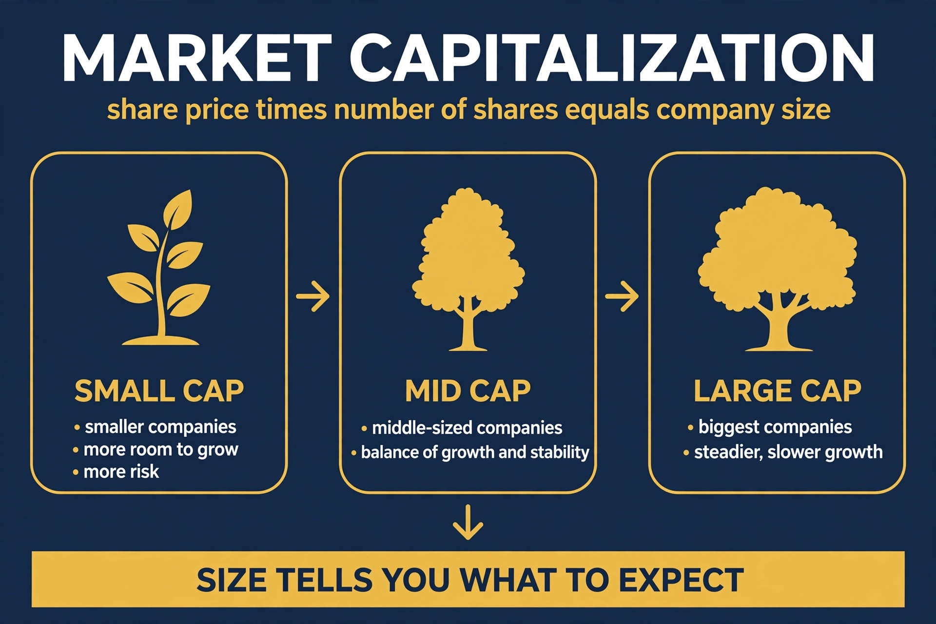 Market capitalization: share price times number of shares, shown as companies of small, medium, and large size