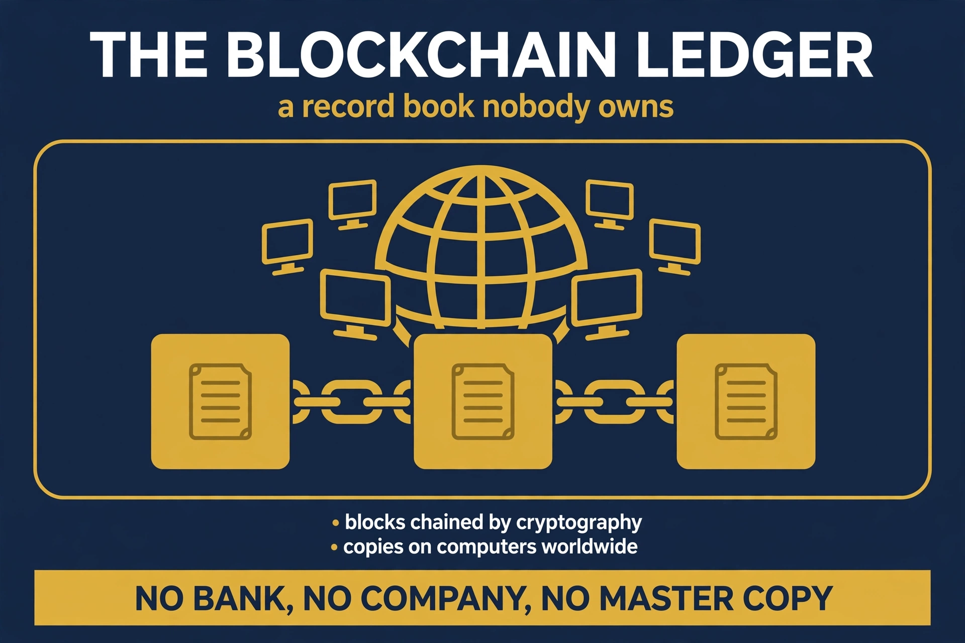 A blockchain as a shared record book: each block of transactions chained to the last, with identical copies held by computers around the world and no single owner