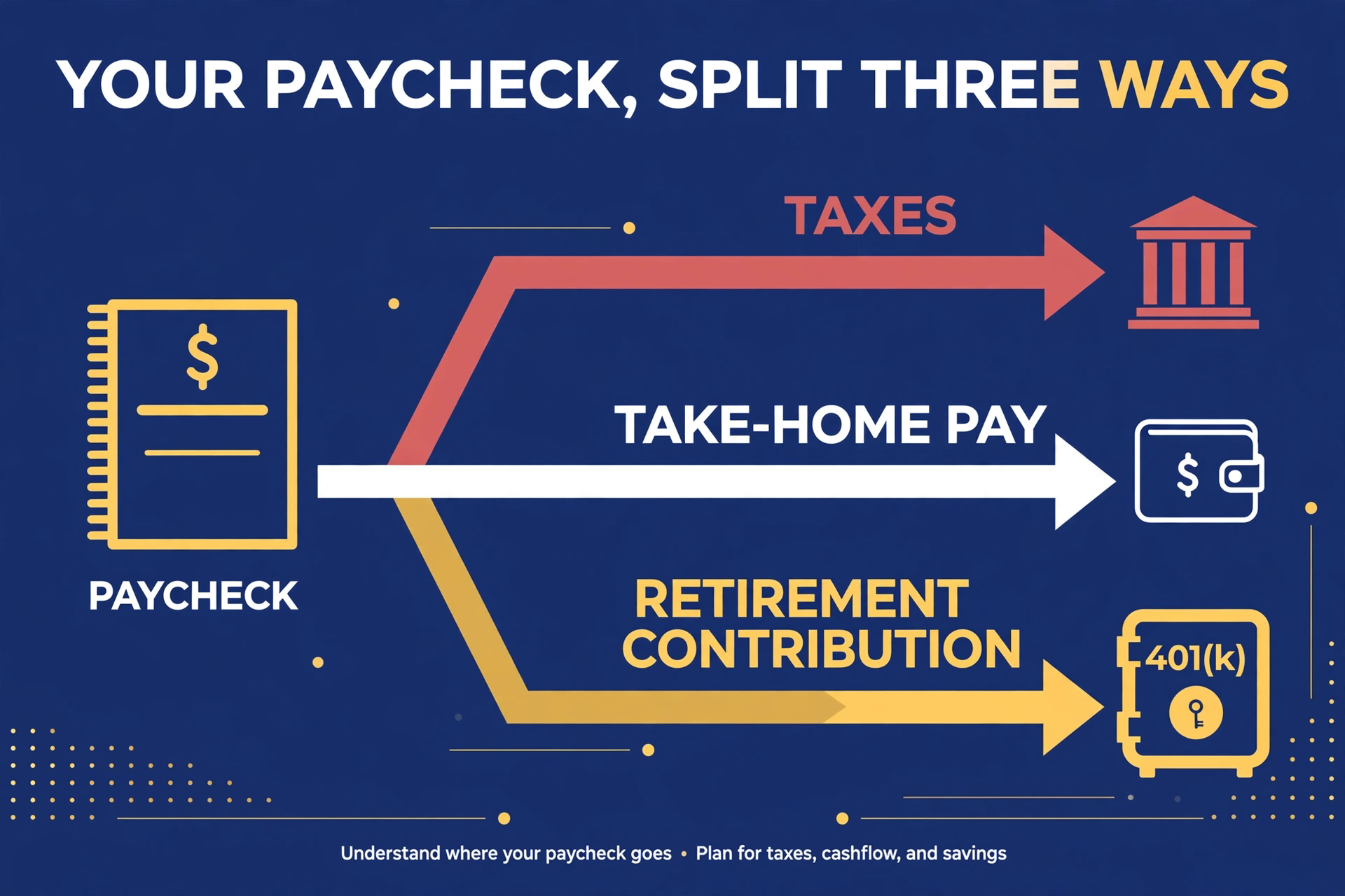 A paycheck splitting into three streams: taxes, take-home pay, and a labeled retirement contribution flowing into a 401(k) account