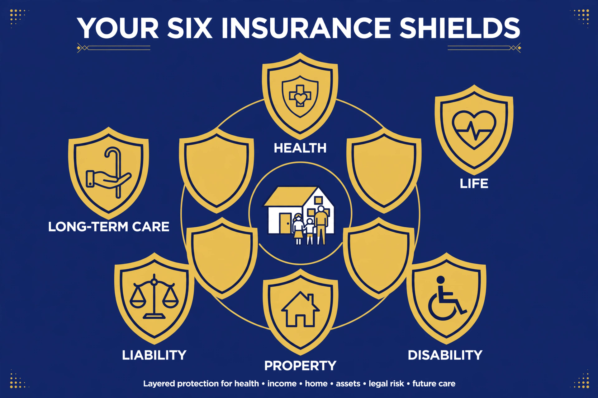 Six shields labeled health, life, disability, property, liability, and long-term care forming a protective ring around a house and family
