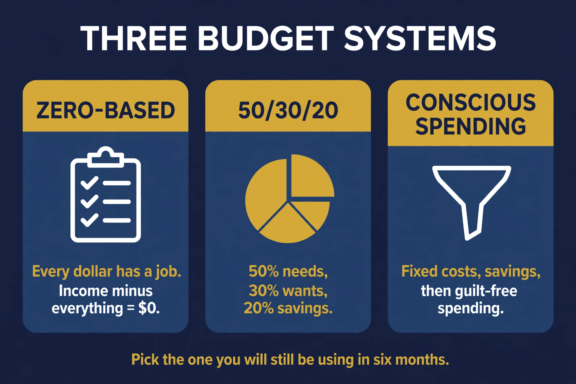 The three budgeting systems side by side: zero-based, 50/30/20, and conscious spending