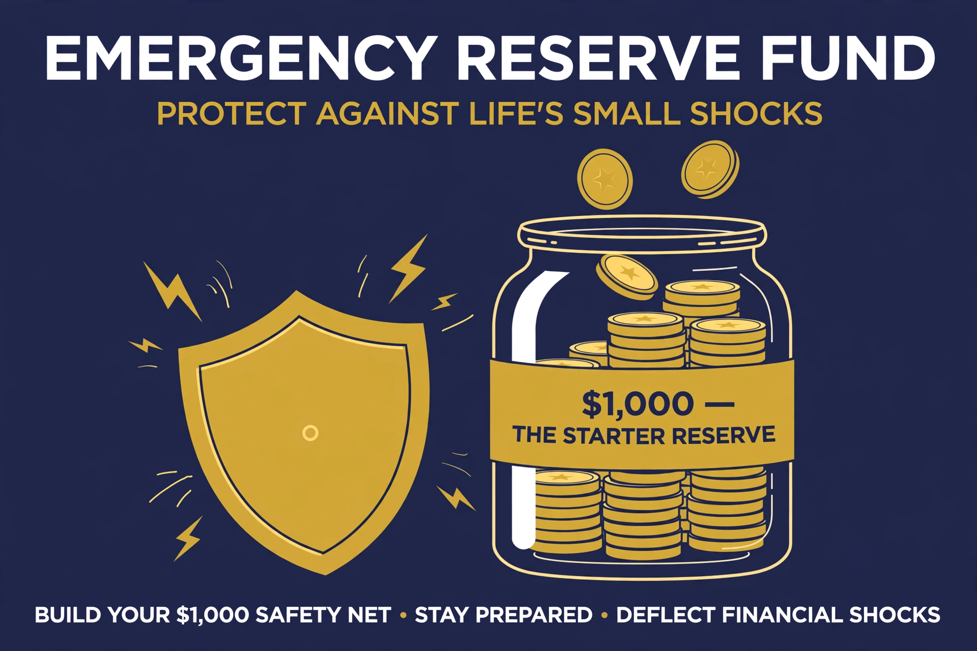 A savings jar filling toward the starter reserve milestone, shielded from shocks