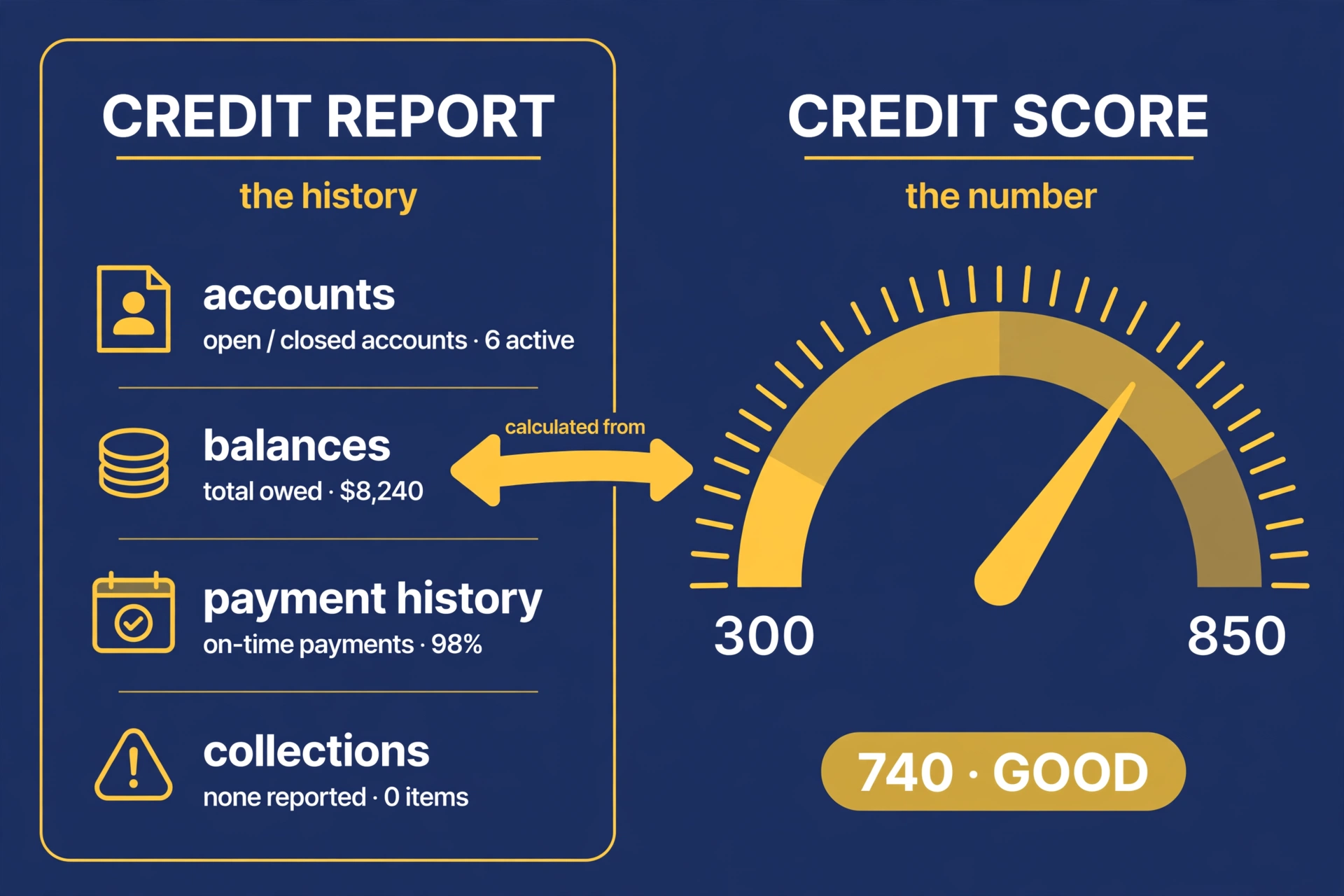 A credit report, the full history, next to a credit score gauge, the single number built from it