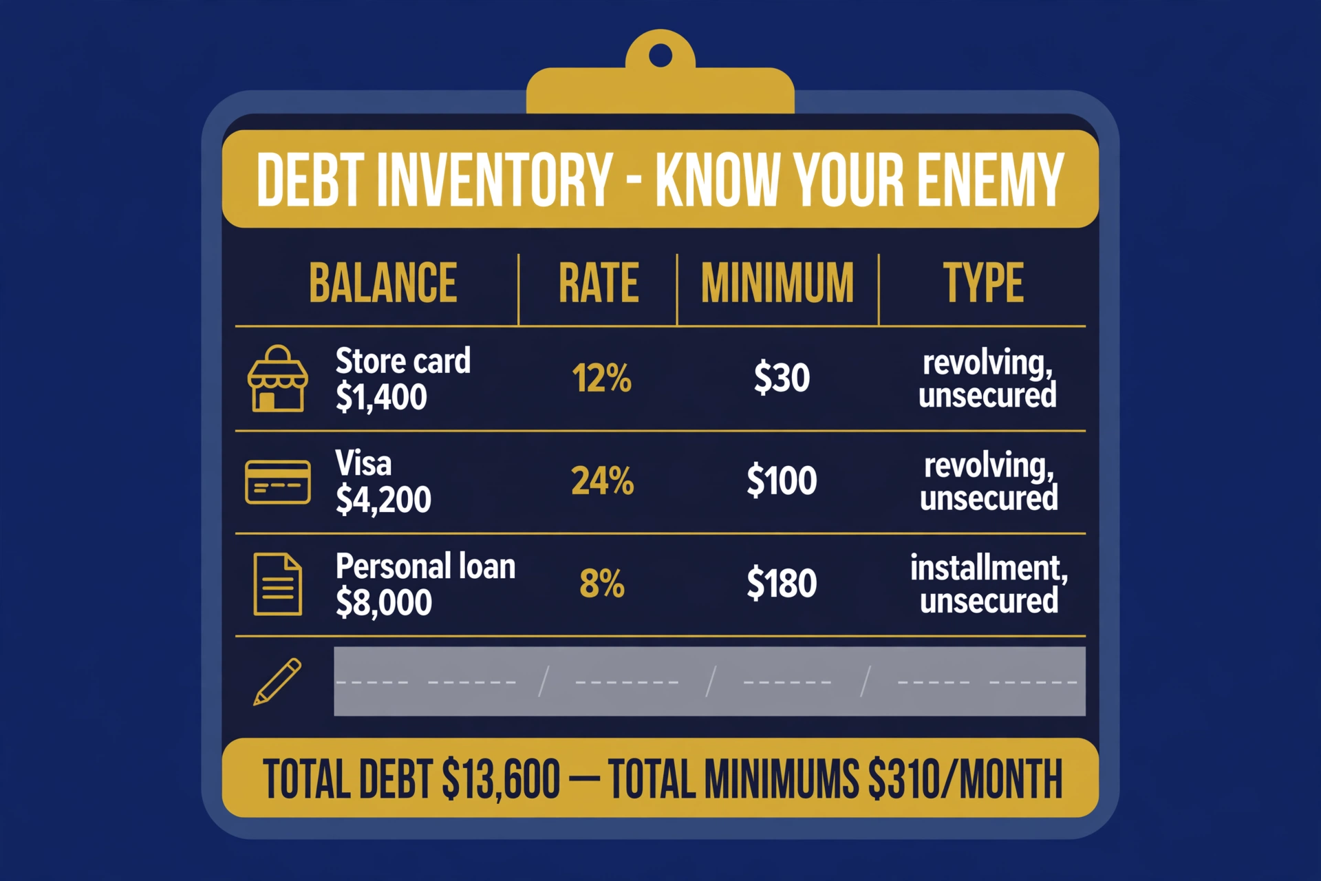A debt inventory worksheet listing each debt's balance, rate, minimum payment, and type