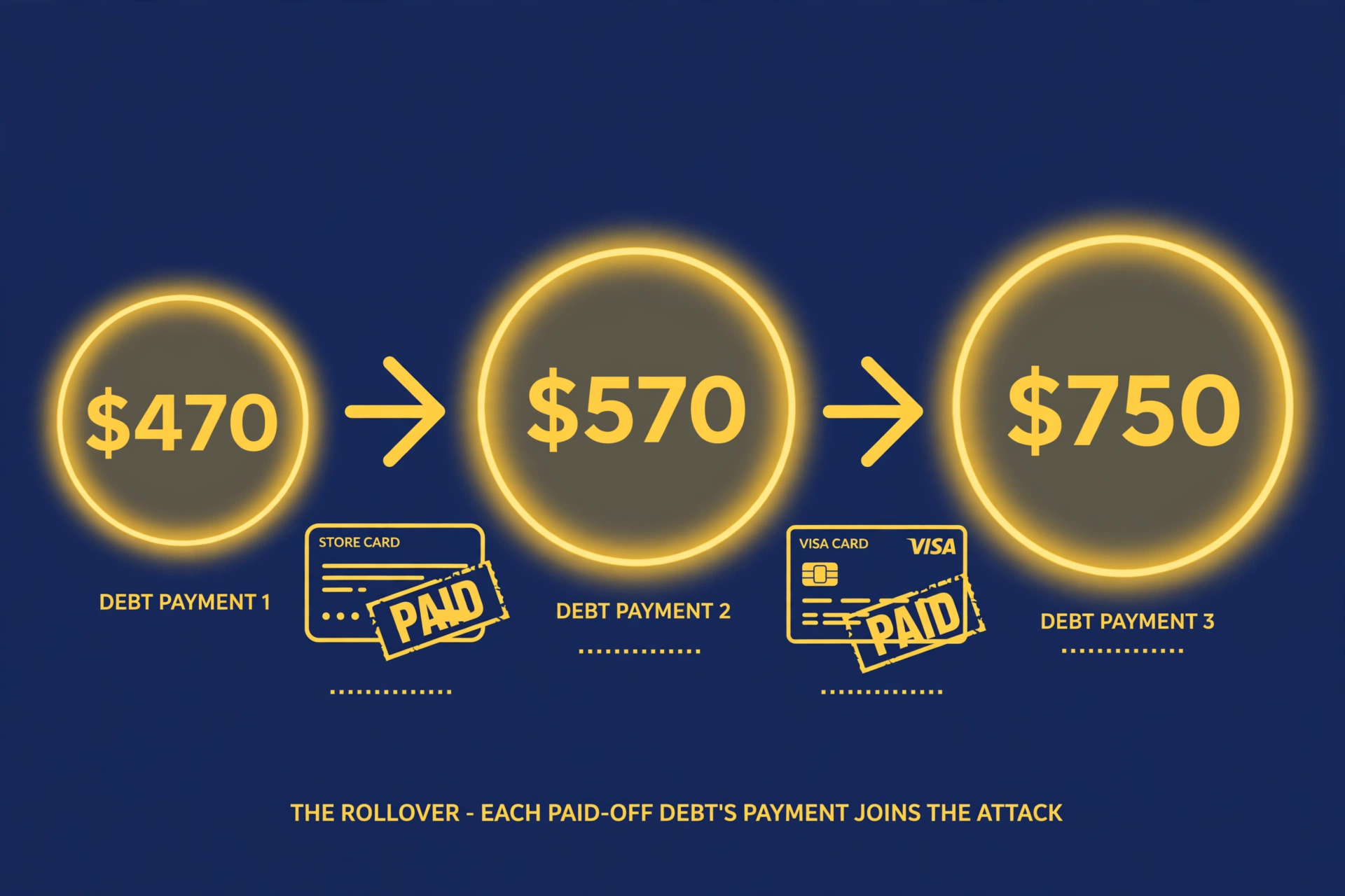 Each paid-off debt's payment rolling into the attack on the next debt