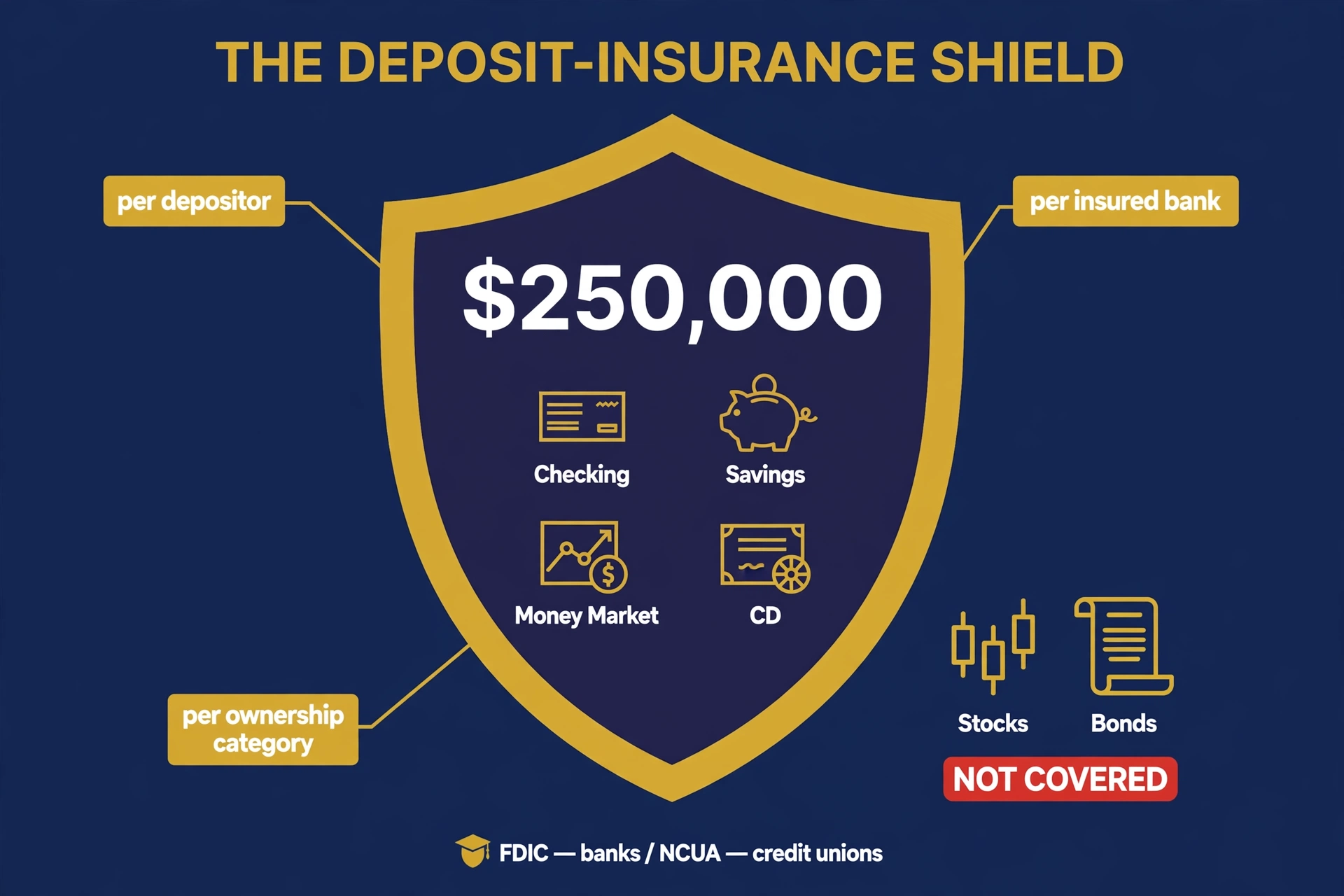 The deposit insurance shield: $250,000 per depositor, per insured bank, per ownership category
