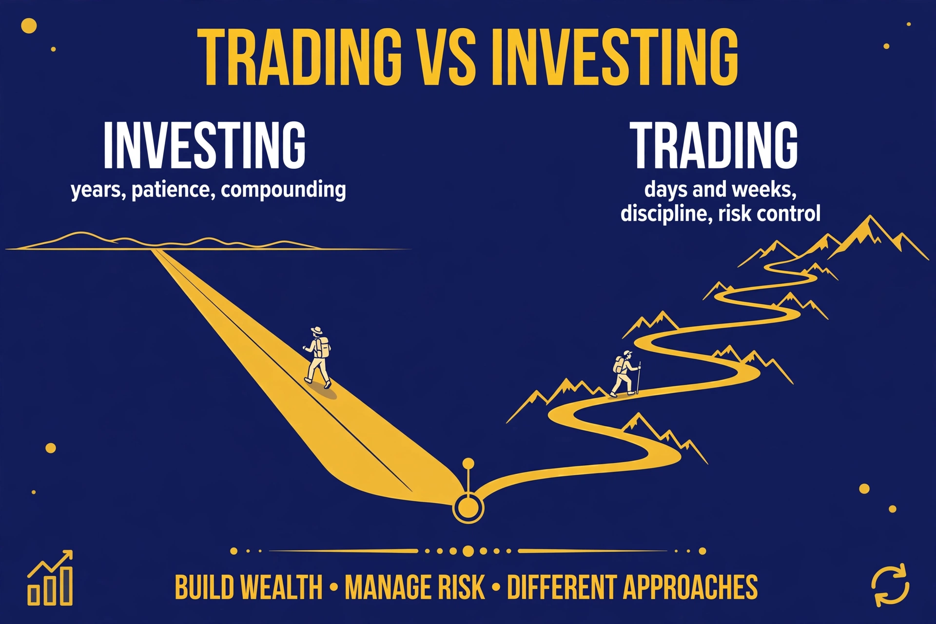 Two diverging paths: a calm long road labeled "Investing — years, patience, compounding" and a winding mountain trail labeled "Trading — days and weeks, discipline, risk control"