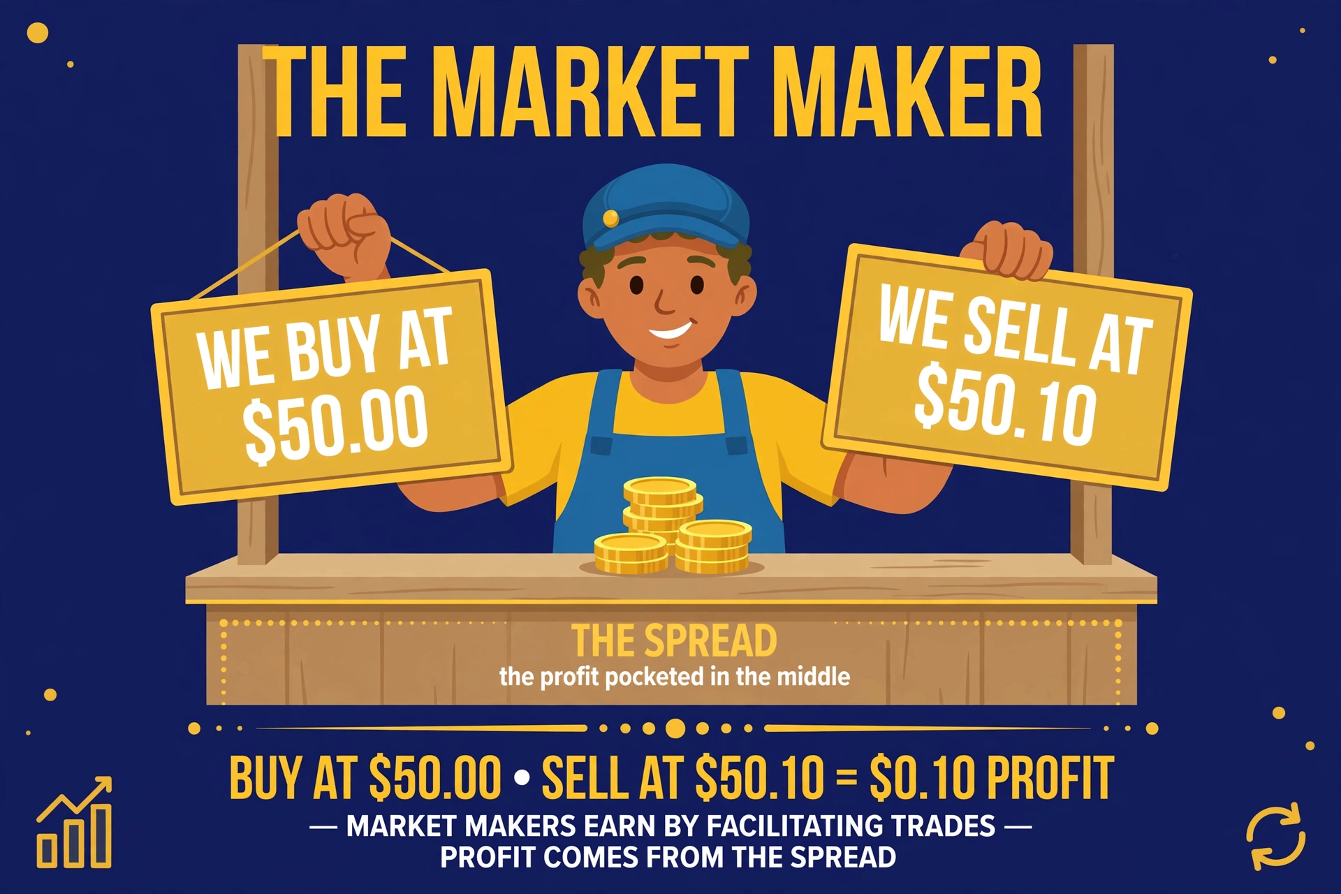 A market maker as a shopkeeper with two price signs — "We buy at $50.00" and "We sell at $50.10" — pocketing the spread between them
