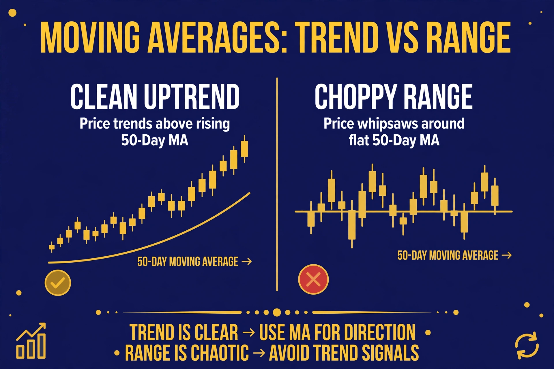 A price chart with a smooth 50-day moving average line: price riding above it in a clean uptrend, then whipsawing across it repeatedly in a choppy range