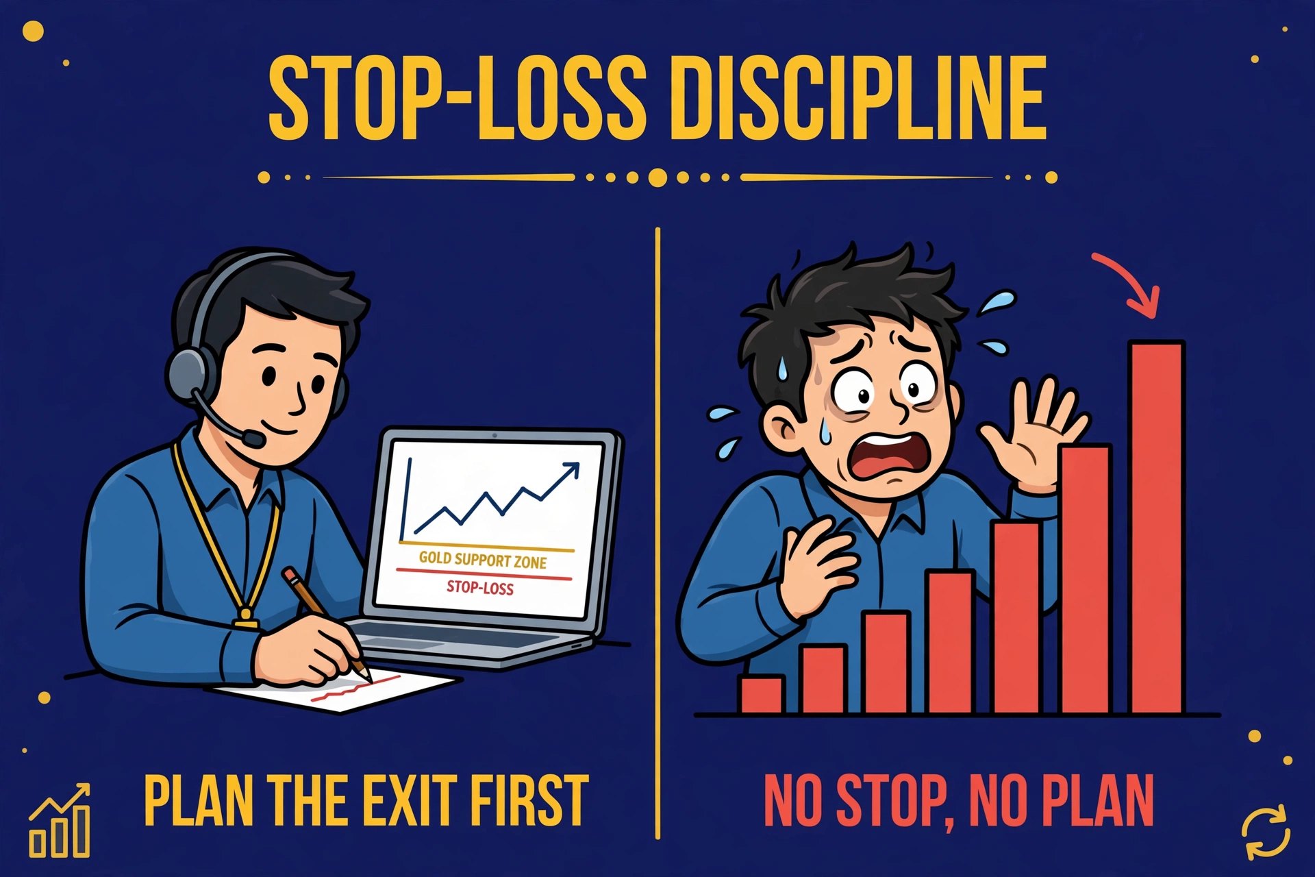 A trader calmly placing a stop-loss below a support zone before entering, contrasted with a panicking trader with no stop watching losses grow
