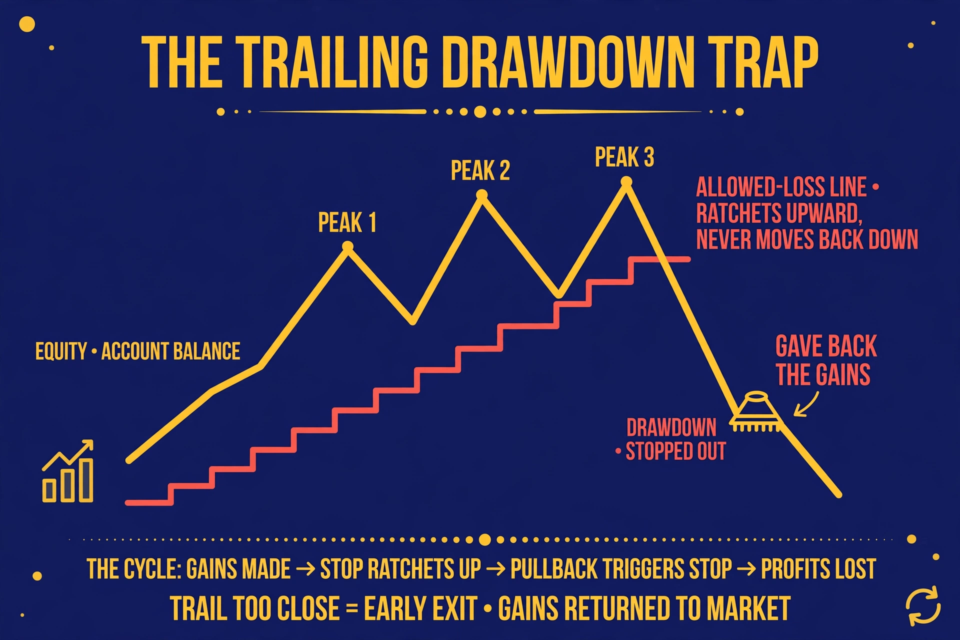 A diagram showing how a trailing drawdown works: the allowed-loss line ratchets upward with each new account peak but never moves back down, trapping a trader who gives back gains