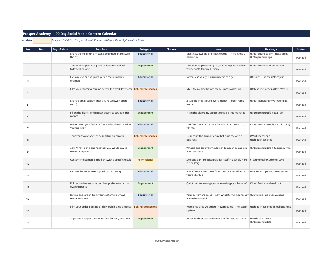 90-Day Social Content Calendar