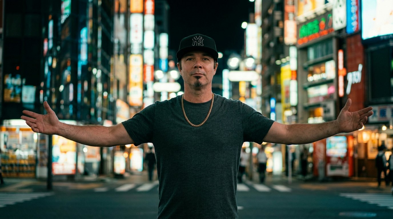Luke Myers standing with arms open in a neon-lit Tokyo street at night