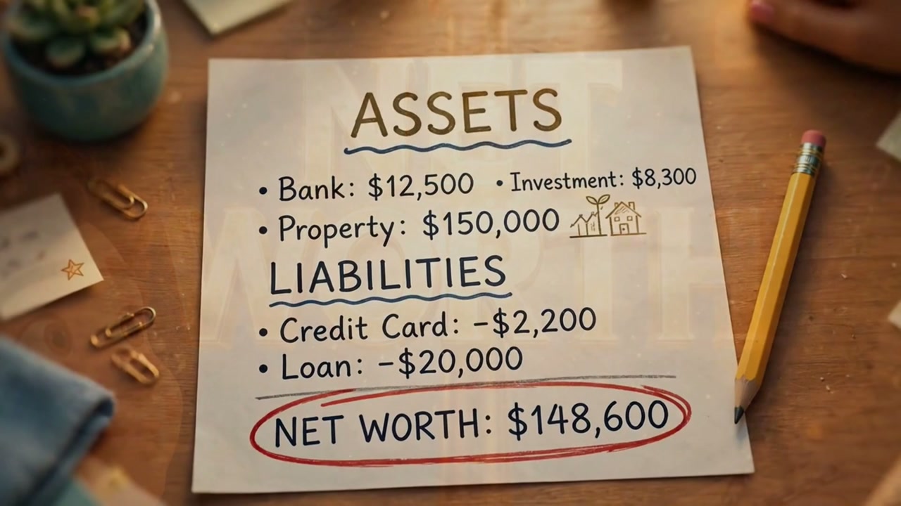 A handwritten net-worth worksheet: assets listed, liabilities listed, net worth circled