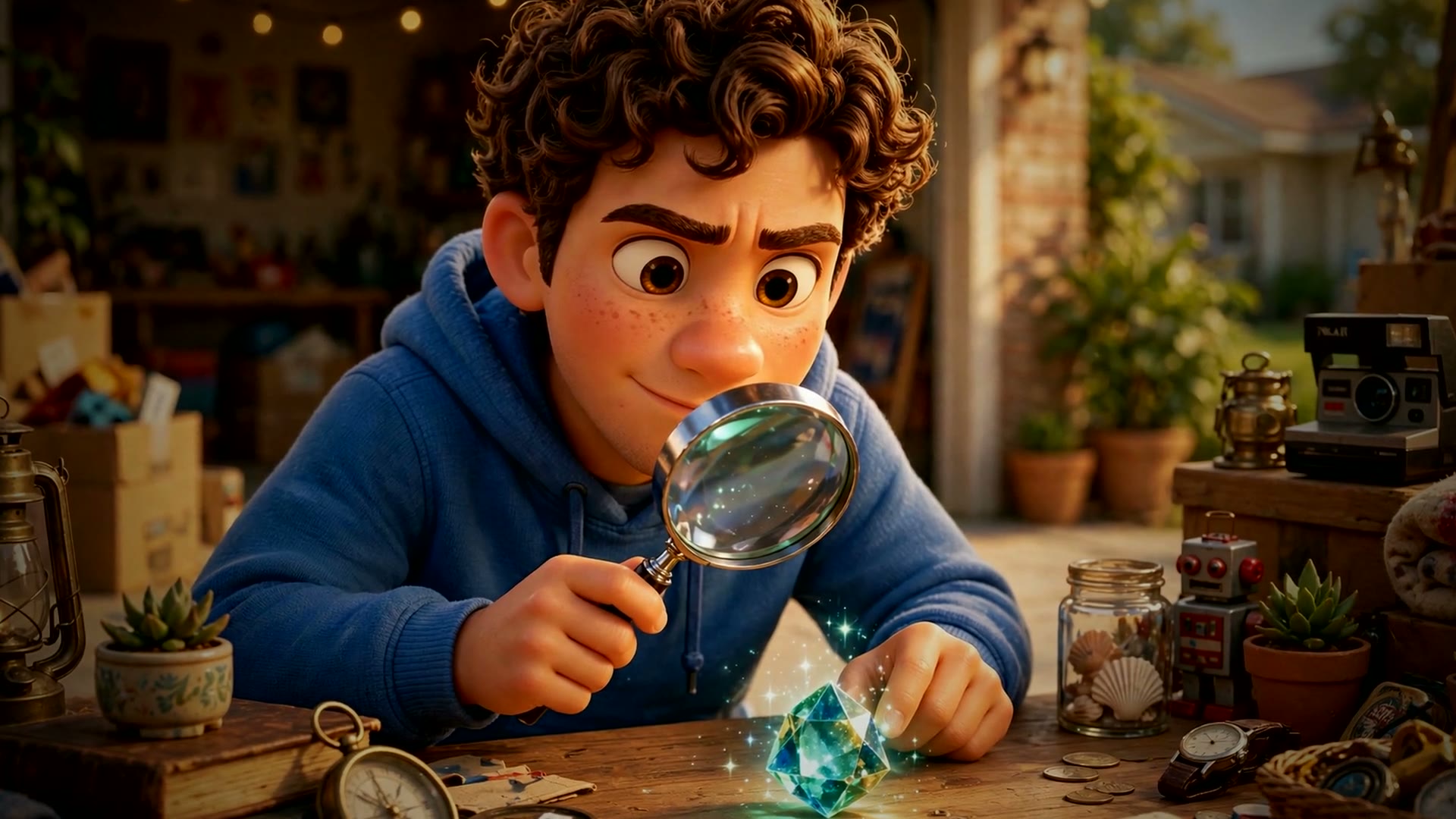 A reseller examining a thrift-store find with a magnifying glass