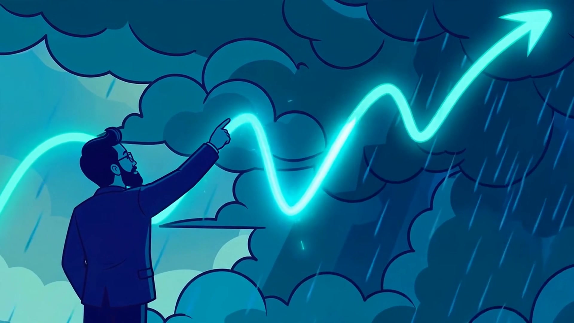 The Academy's market climate illustration: the teacher reading the market's weather as a glowing trend line weaves through storm clouds